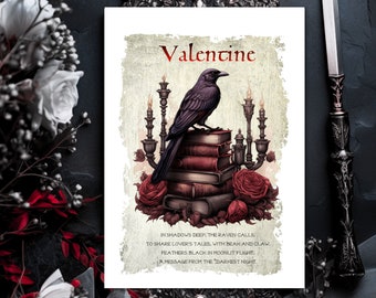 Gothic Raven and Red Roses Valentine's Greetings Card & Envelope