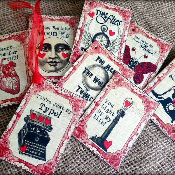 8 Valentine Love Themed Vintage Style Gift Tags