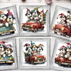 Pode incluir: Uma coleção de seis ilustrações em aquarela emolduradas com cães São Bernardo em cenas festivas. Os cães usam chapéus de Papai Noel e estão em caminhões vermelhos e verdes, carregando árvores de Natal. Cada cena tem uma moldura de floco de neve.