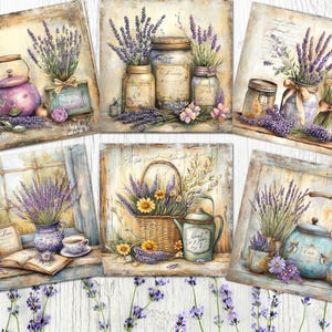 May include: A collection of watercolor paintings featuring lavender bouquets and vintage teapots, jars, and baskets. The artwork has a rustic, farmhouse aesthetic with soft colors and floral accents. The paintings are displayed on a white wooden surface.