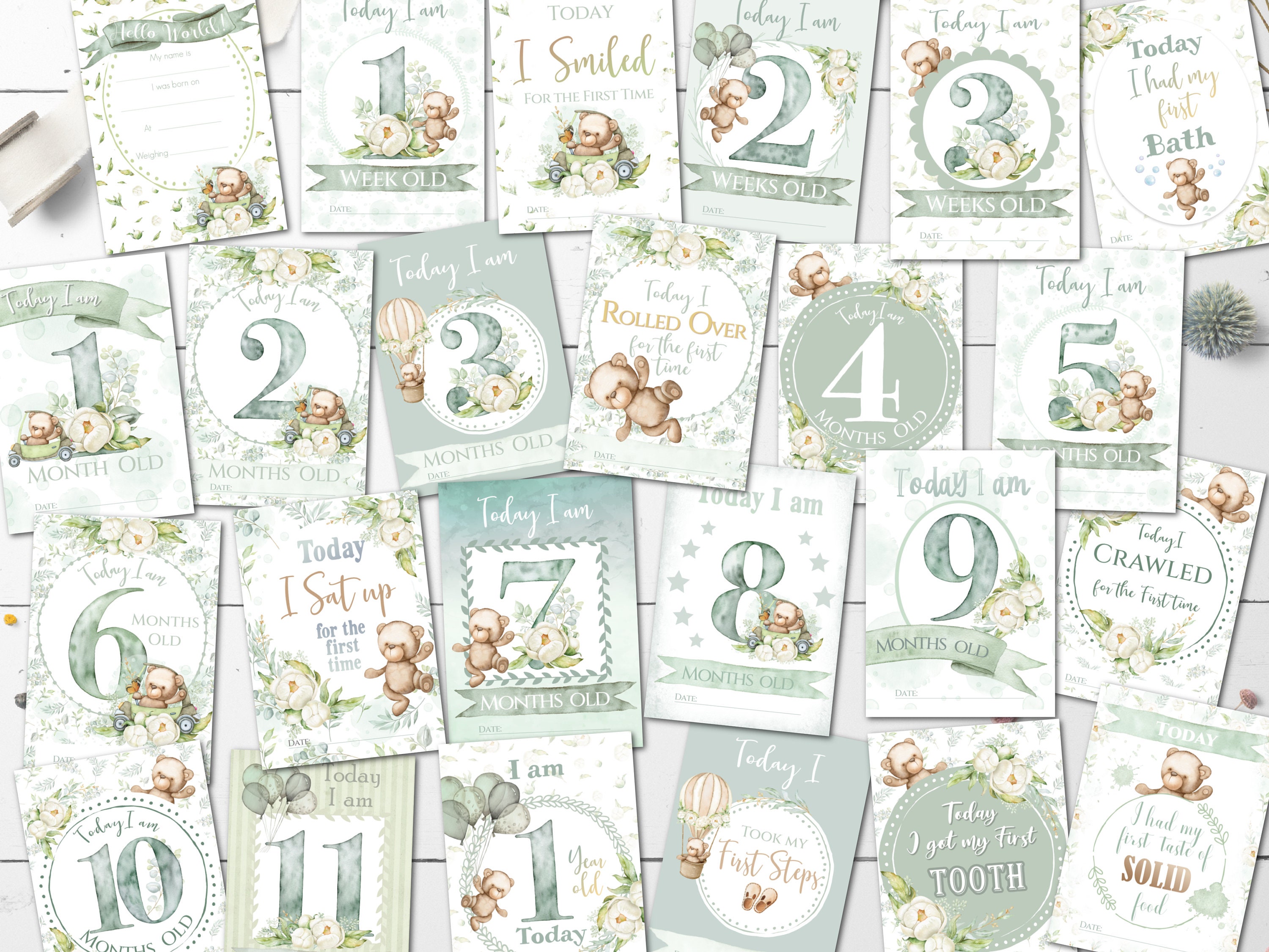 Teddy Bear First Year Baby Milestone Memory Cards - 24 Cards - Etsy UK