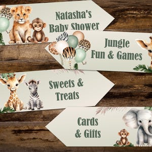 Cartelli con frecce per feste personalizzate a forma di animali della giungla - Baby shower, compleanno, ecc.