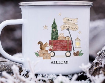 Rustic Style Personalised Enamel Metal Squirrel Christmas Eve Mug Gift