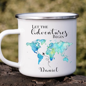 Cadeau personnalisé de tasse de voyage en métal émaillé "Let the Adventures Begin"