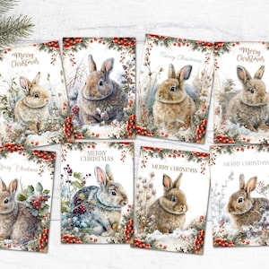 8 coelhos de Natal, coelhinhos da floresta de inverno na neve, toppers de diário para fazer cartões