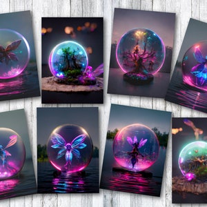 May include: Nine colorful glowing orbs, each containing a different fairy or nature scene. The orbs are floating above a reflective surface, creating a magical and ethereal atmosphere.