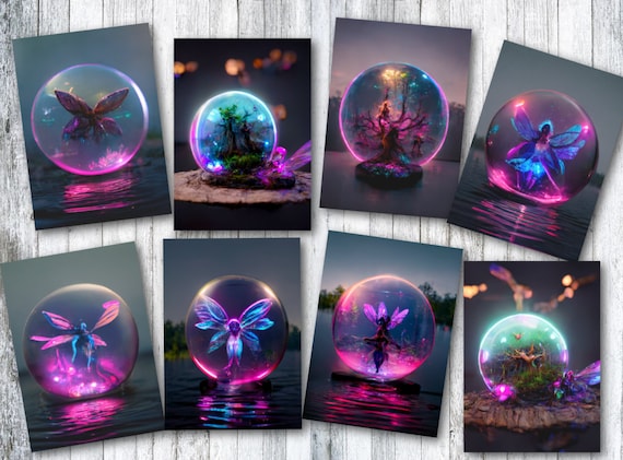 Set of 8 A.I Generated Artwork 'Fairy Globes' ATC Tags/Toppers/Embellishments