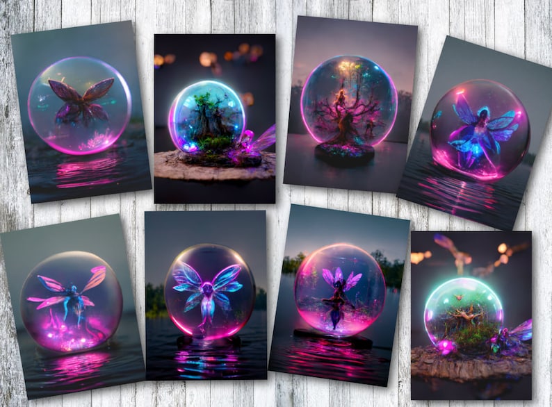 May include: Nine colorful glowing orbs, each containing a different fairy or nature scene. The orbs are floating above a reflective surface, creating a magical and ethereal atmosphere.
