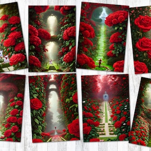 8 A.I Generated Artwork &#39;Wonderland&#39; Red Roses ATC Tags/Toppers/Embellishments