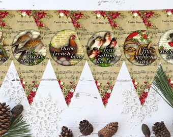 12 Days of Christmas Traditional Vintage Style Bunting & Ribbon - 3m / 12 Flags