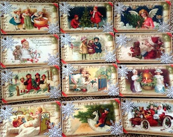 Ensemble de 12 étiquettes cadeaux de Noël vintage traditionnelles