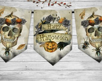 Skull & Tarantulas Happy Halloween Bunting/Banner With Ribbon