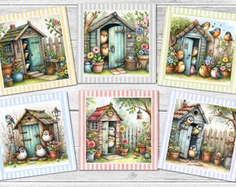 Etiquetas/adornos para tarjetas con pájaros que miran al jardín, decoración para tarjetas - Cuadrado de 8,9 cm