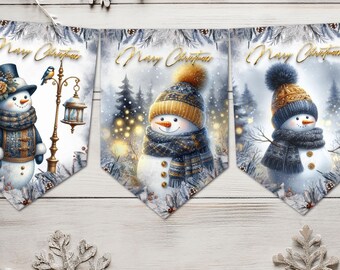 Banderines y cintas decorativas navideñas con alegres muñecos de nieve dorados y azules