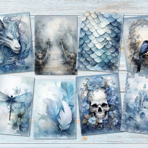 Op de afbeelding: Een set van tien digitale collagebladen met blauwe en witte aquarel illustraties. De afbeeldingen omvatten een draak, een brug, schubben, een vogel, een libel, veren, een schedel met bloemen en een kasteel.