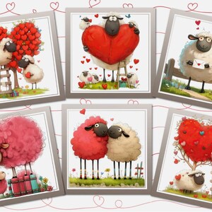 Puede incluir: Seis ilustraciones enmarcadas que presentan ovejas de dibujos animados con motivos de corazón. Las ovejas se muestran en diferentes escenarios, como sosteniendo corazones, cerca de árboles en forma de corazón y con un buzón. La paleta de colores incluye rojo, blanco y verde.