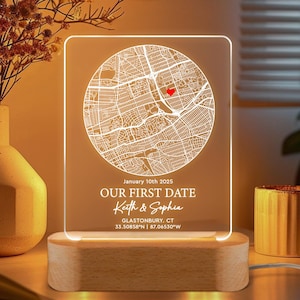 Custom Map Night Light, Valentines Day Gift for Him, Her, Our First Date Night Light, Custom Location Acrylic Plaque, Couple Keepsake Gifts