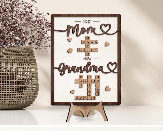 Gift For Mom, Grandma Gift, Mothers Day Gift, Personalized First Mom Now Grandma Wooden Sign, Crossword Puzzle Art Frame, Family Keepsake
