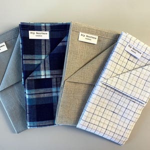 Linen handkerchief LARGE Rip Snorter men and women. Grey, Natural Brown, Blue check and White Navy Blue Beige check. 42cm square image 1