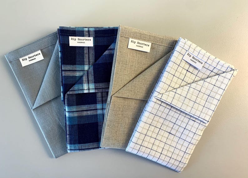 Linen handkerchief LARGE Rip Snorter men and women. Grey, Natural Brown, Blue check and White Navy Blue Beige check. 42cm square image 1