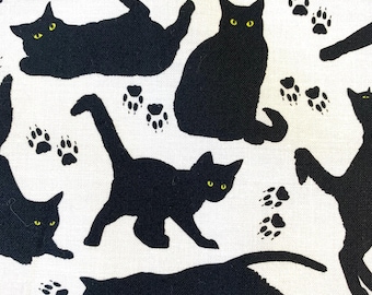 Cats black on white LARGE handkerchief for men and women. 44cm square. Black cats yellow eyes cat lover feline paw print Halloween