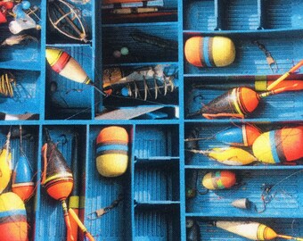 Fishing tackle box handkerchief for men and women. Large size cotton. Blue with various fishing tackle. Fishing accessory
