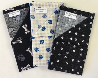 Paw Prints handkerchief for men and women. LARGE 46cm square. 100% cotton. Dog lover or cat lover gift. Black white blue