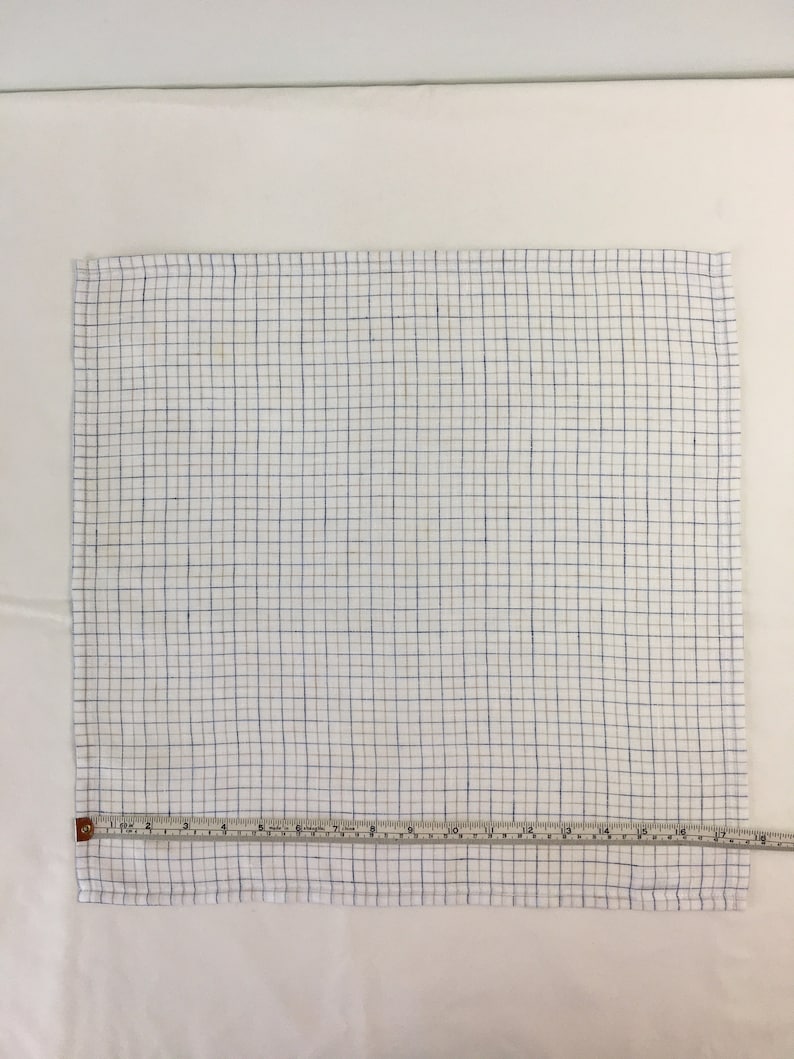 May include: White kitchen towel with a blue and white checkered pattern. The towel is 17 inches wide.