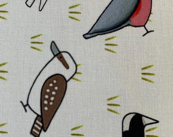 Australian birds handkerchief LARGE for men and women. Large size cotton. Magpie cockatoo gala kookaburra line drawn on white background.