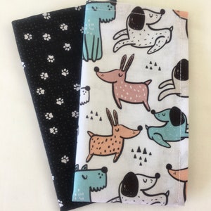 Dogs handkerchief. Rip Snorter cotton SMALL. Compact  size 26-28cm square. Comical line drawn dog print blue pink white paws on black