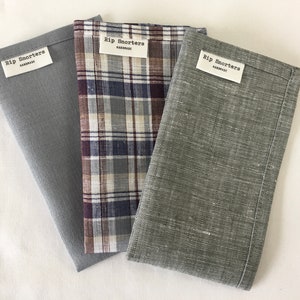 Linen handkerchief SMALL for men and women. Rip Snorter Mini. Compact  size 26-28cm square. Slate grey, denim check, and eucalyptus fizz.