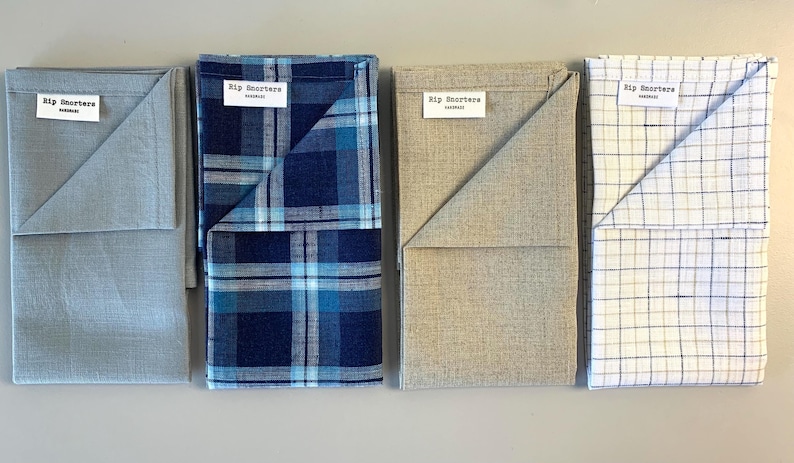 Linen handkerchief LARGE Rip Snorter men and women. Grey, Natural Brown, Blue check and White Navy Blue Beige check. 42cm square image 2