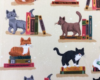 Cats handkerchief for men and women. LARGE size 46cm square. 100% cotton. Cats with books. Tuxedo black white ginger grey