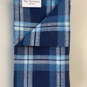 Linen handkerchief LARGE Rip Snorter men and women. Grey, Natural Brown, Blue check and White Navy Blue Beige check. 42cm square Blue check