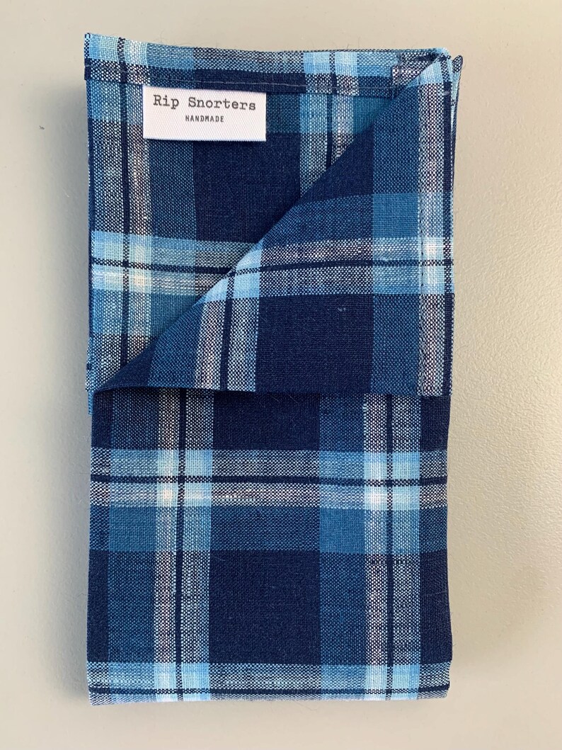 Linen handkerchief LARGE Rip Snorter men and women. Grey, Natural Brown, Blue check and White Navy Blue Beige check. 42cm square Blue check