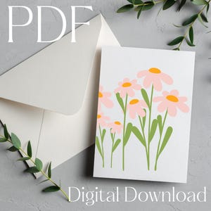 Marguerites roses, fleur de marguerite, carte PDF, carte florale, fleurs roses, carte de correspondance florale, carte de correspondance vierge, carte de voeux imprimable floral rose