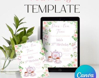 May include: A tea party invitation template with the text "Tea Party TEMPLATE" in pink and black. The invitation features a teapot, teacups, and floral accents. The digital invitation is displayed on a tablet and a printed card.