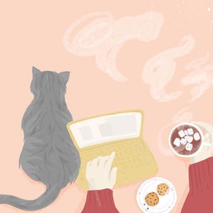 May include: Illustration of a cozy scene with a gray cat, a yellow laptop, a mug of hot chocolate with marshmallows, and a plate of cookies. The person is wearing a red sweater. The background is a light peach color.