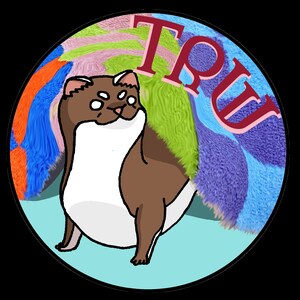 May include: A cartoon illustration of a brown and white ferret wearing a colorful, fuzzy blanket with the word "Tru" written in red on it.