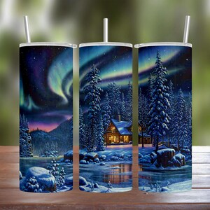 Winter Log Cabin with Aurora Borealis 20oz 30oz Stainless Steel Tumbler w/ Straw Lid Christmas 2022