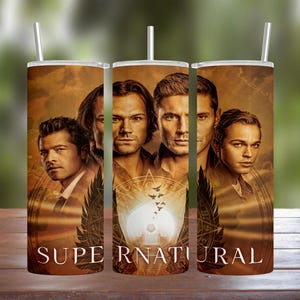 Supernatural Castiel, Sam, Dean, and Jack TV Show Stainless Steel Tumbler w/ Straw & Lid Halloween 2022