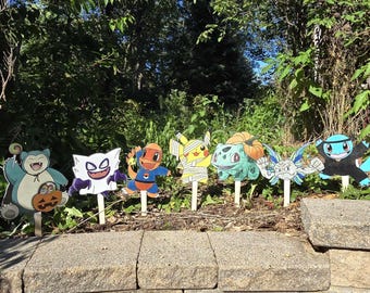 Pikachu & Friends Yard Stake Sign Halloween Wooden Squirtle Snorlax Charmander Bulbasaur Haunter Geodude Anime Housewarming Gift Fall Spooky