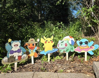 Pikachu & Friends Yard Stake Sign Summer Wooden Squirtle Snorlax Charmander Bulbasaur Anime Housewarming Gift