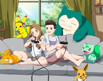 Portrait d'anime personnalisé, portrait d'anime de couple, dessin portrait d'anime à partir d'une photo, oeuvre d'art sur commande Pokemone, fête des mères, cadeau fête des pères