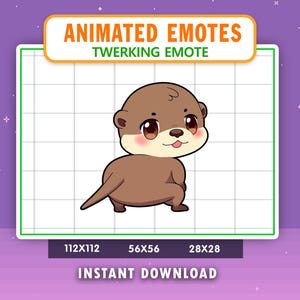 Peut inclure: Emote animé représentant une loutre de dessin animé en position de twerk. La loutre est marron avec un visage crème et des joues roses. L'image comprend le texte "Animated Emotes" et "Twerking Emote" dans une bannière blanche et orange. L'image comprend également le texte "Instant Download".