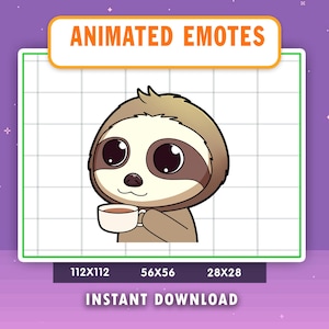 Könnte beinhalten: Animierter Emote eines Cartoon-Faultiers, das eine Kaffeetasse hält. Das Faultier hat große, ausdrucksstarke Augen und ein braunes und beiges Farbschema. Der Text "ANIMATED EMOTES" und "INSTANT DOWNLOAD" ist enthalten.