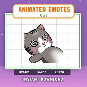 May include: Animated emote of a gray and white cat with its eyes spinning. The cat is lying down with its head tilted to the side. The emote is available in three sizes: 112x112, 56x56, and 28x28.