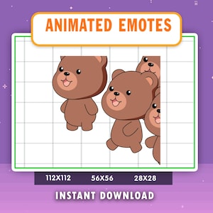 Könnte beinhalten: Animierte Emotes mit Cartoon-Braunbären mit schwarzen Augen und lächelnden Gesichtern. Das Bild enthält den Text "ANIMATED EMOTES" und "INSTANT DOWNLOAD" sowie Größenoptionen: 112x112, 56x56 und 28x28.