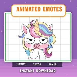 May include: A cartoon unicorn with a rainbow mane and a yellow and pink horn. The unicorn has an angry expression and is covering its mouth. The image includes the text "ANIMATED EMOTES" and "INSTANT DOWNLOAD".