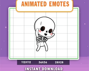 May include: A cartoon skeleton character with a white skull and rib cage, dancing with its arms raised. The image includes the text "ANIMATED EMOTES" and "INSTANT DOWNLOAD". The image is set against a grid background.